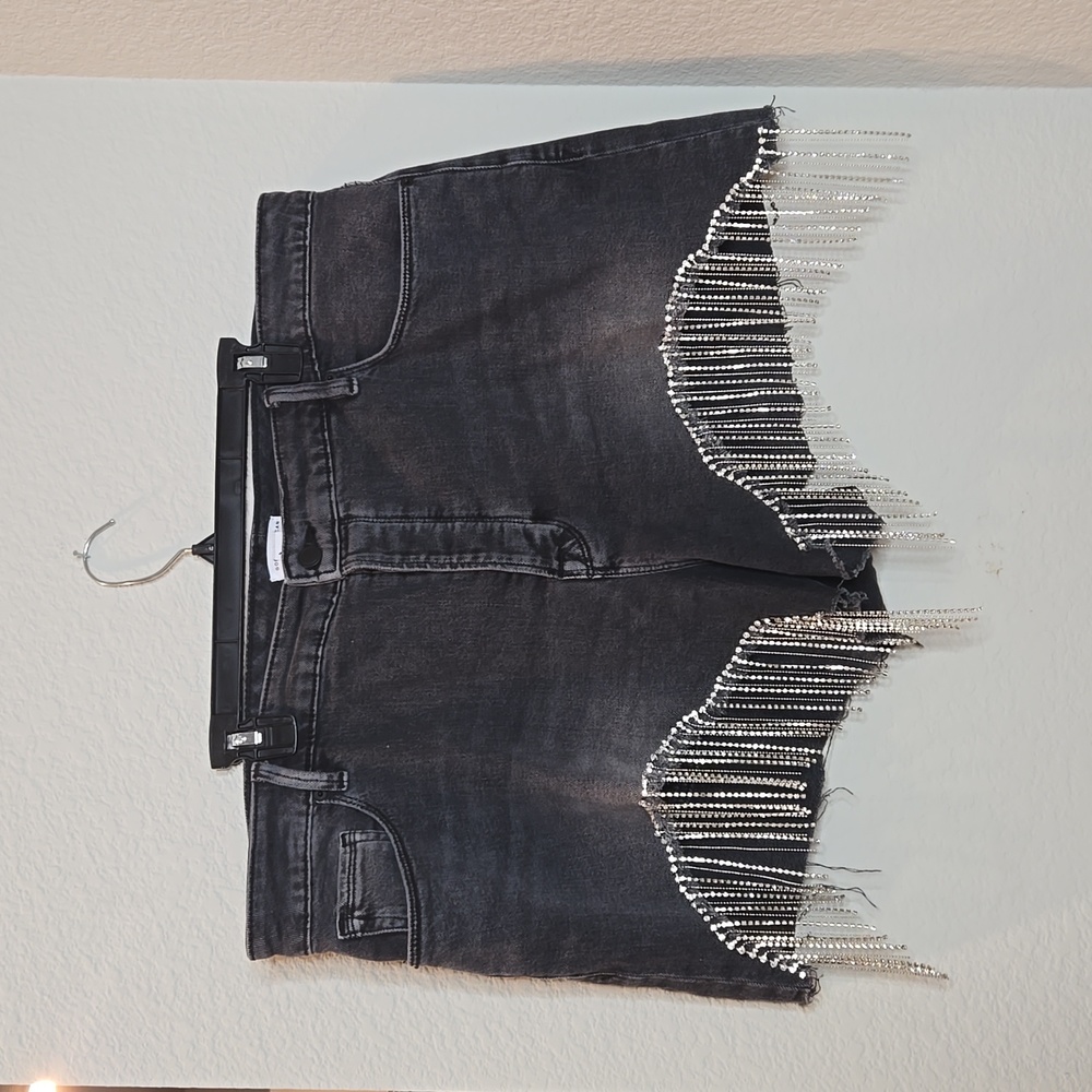Embellished Black Denim Fringe Shorts